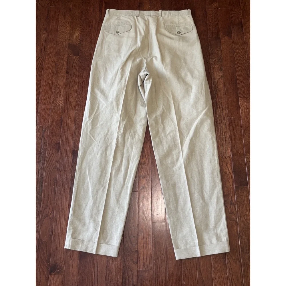 JJ Farmer 32x33 Pleated Cotton Linen Blend Trousers Beige Khaki Cuffed Pants